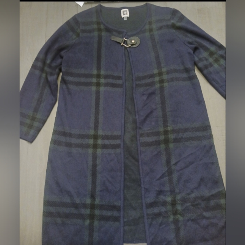 Anne Klein Plaid Navy and Green Women's Sweater Coat